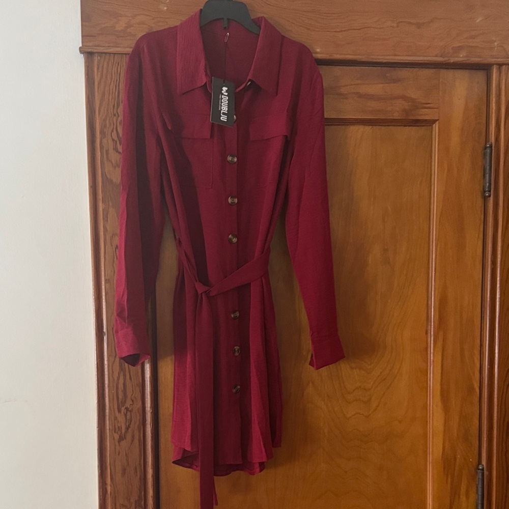 Doublju Deep Red Long Sleeve Shirt Dress